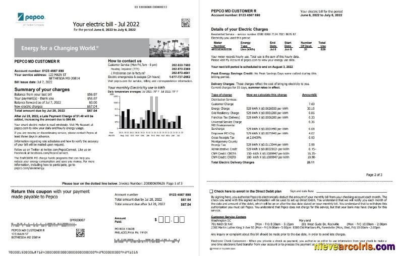 USA Maryland Pepco utility bill, 3 pages 1 2